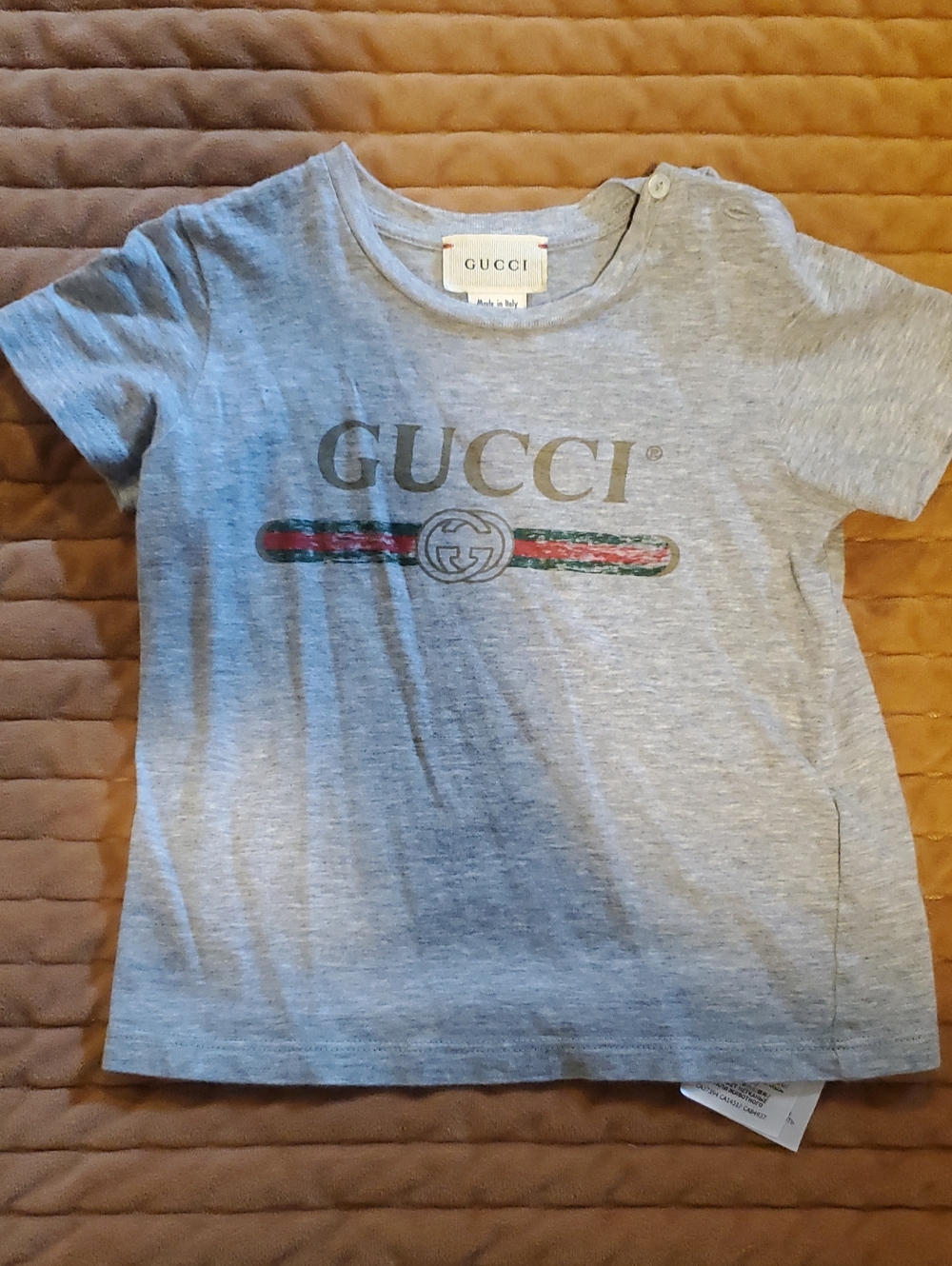 Gucci Gray Kids Logo Tee with Green-Red Stripe
